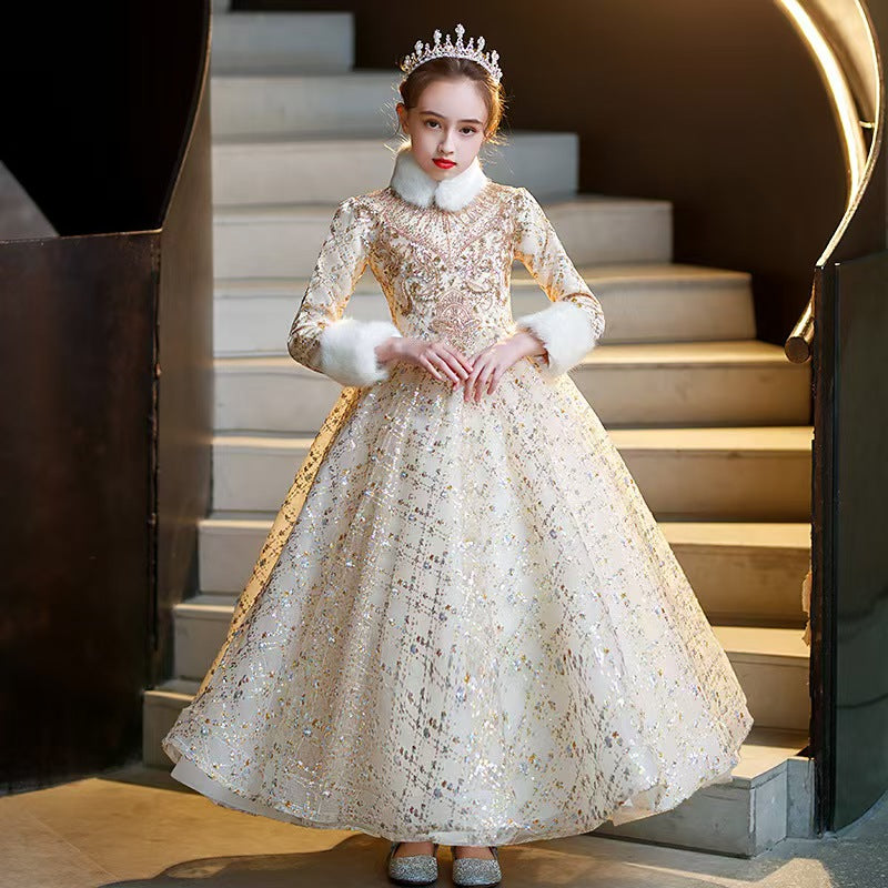 Gold Sequined High Neck Flower Girl Dress for Grand Banquet Events L041