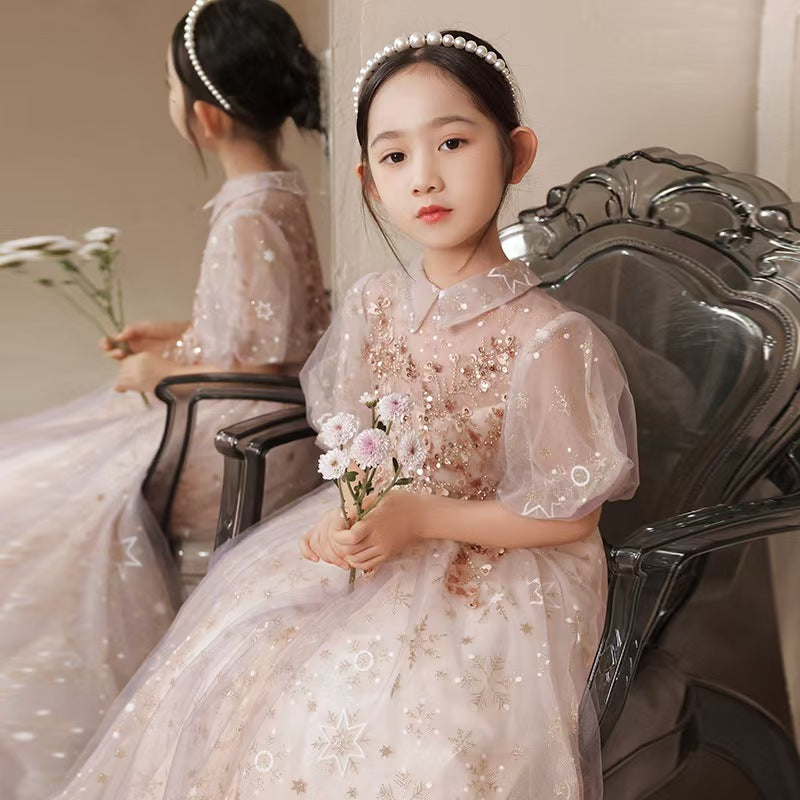 Glittery Pink Tulle Flower Girl Dress for Starry themed Events L043