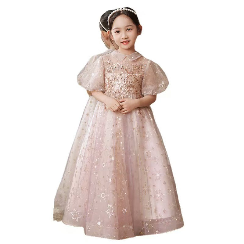 Glittery Pink Tulle Flower Girl Dress for Starry themed Events L043