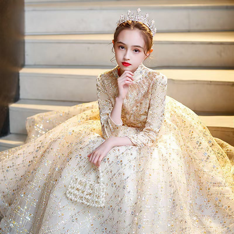 Gold Sequined High Neck Flower Girl Dress for Grand Banquet Events L041