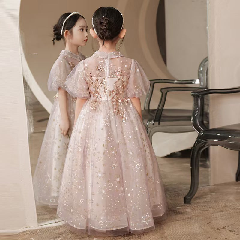 Glittery Pink Tulle Flower Girl Dress for Starry themed Events L043
