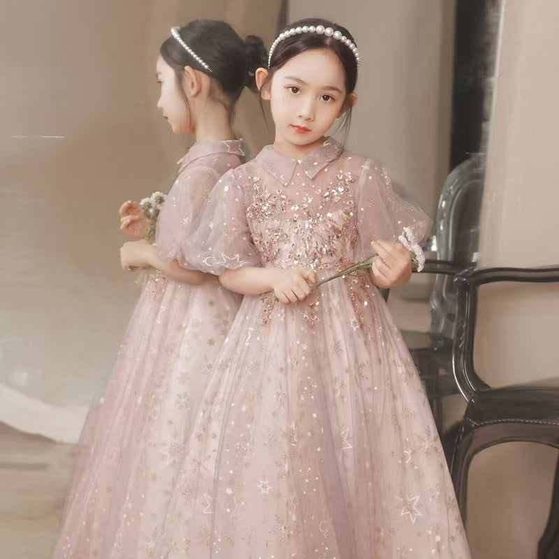 Glittery Pink Tulle Flower Girl Dress for Starry themed Events L043