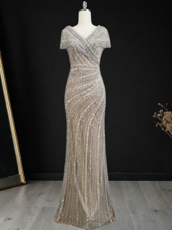 Champagne Gold Beaded V-Neck Evening Gown with Draped Bodice SL186