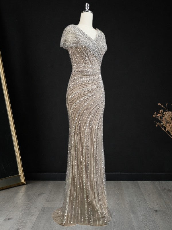 Champagne Gold Beaded V-Neck Evening Gown with Draped Bodice SL186