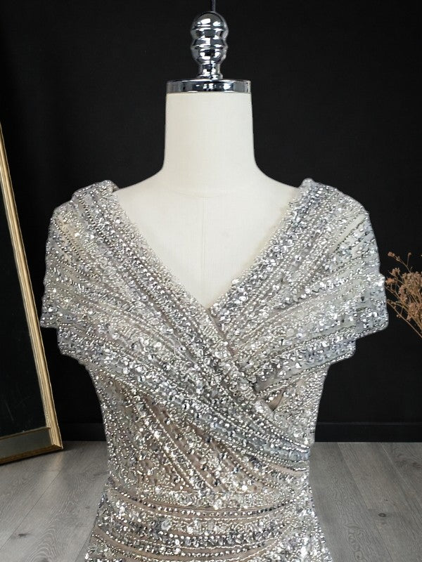 Champagne Gold Beaded V-Neck Evening Gown with Draped Bodice SL186