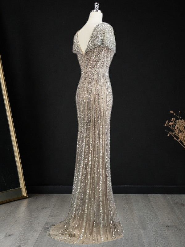 Champagne Gold Beaded V-Neck Evening Gown with Draped Bodice SL186
