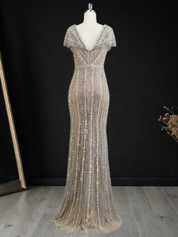 Champagne Gold Beaded V-Neck Evening Gown with Draped Bodice SL186