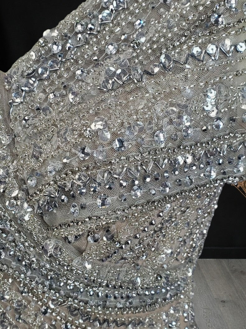 Champagne Gold Beaded V-Neck Evening Gown with Draped Bodice SL186