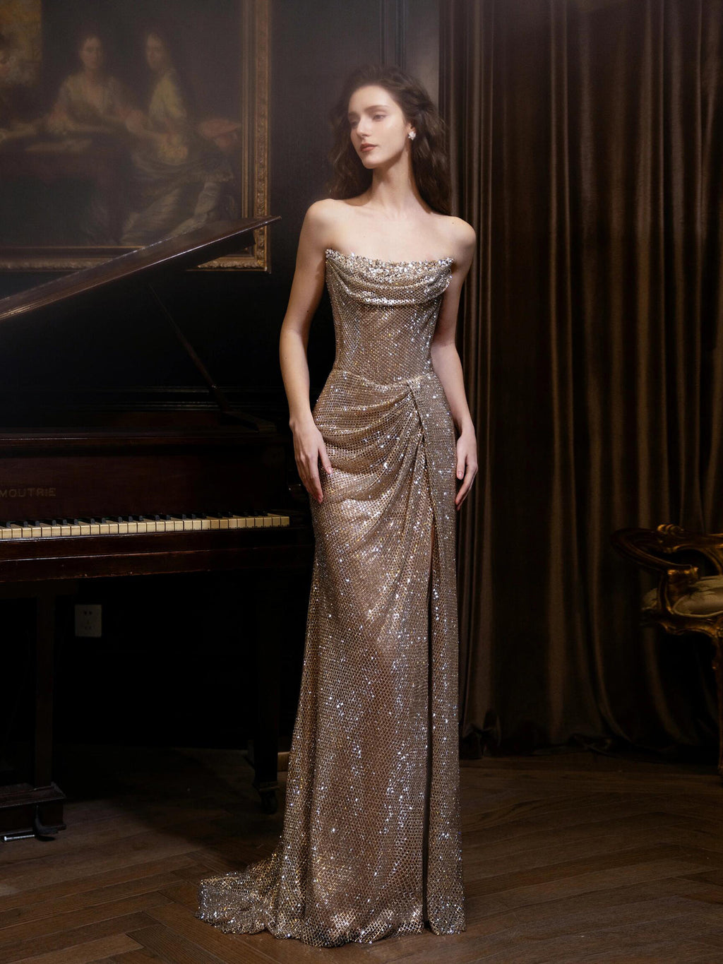 Luxury Champagne Gold Crystal-Embellished with Ruffled Sleeves Mermaid Evening Dress SL209