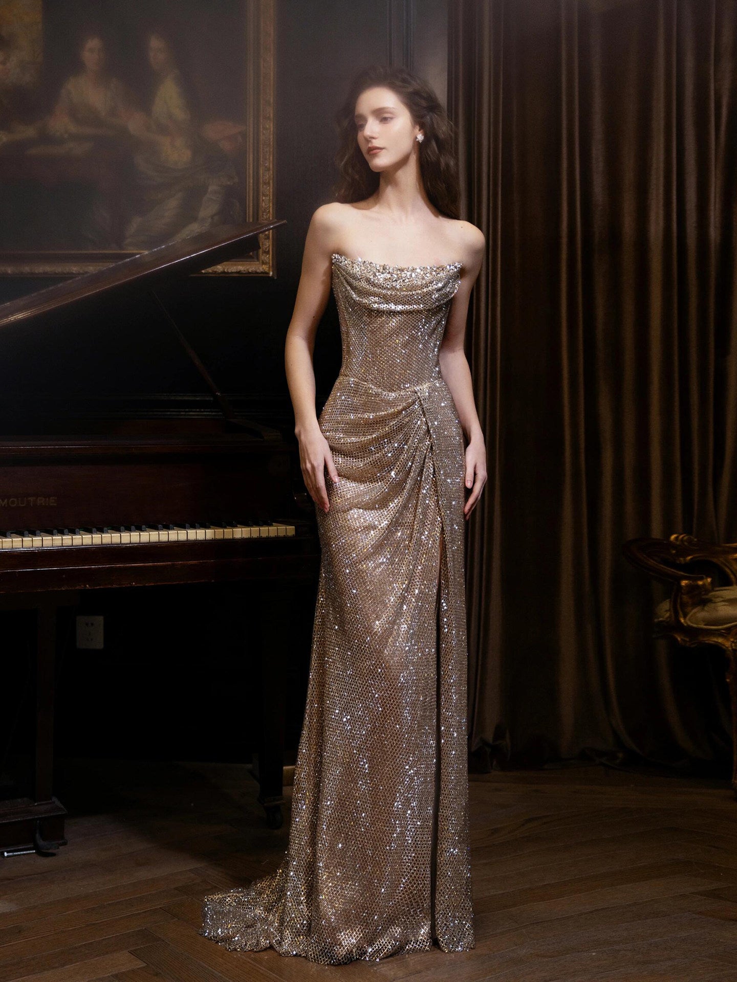 Luxury Champagne Gold Crystal-Embellished with Ruffled Sleeves Mermaid Evening Dress SL209