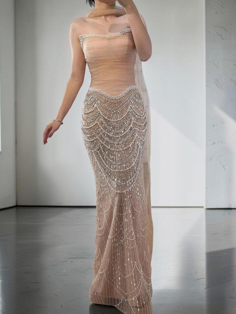 Champagne Pearl Beaded Evening Gown with Draped Crystal Detailing SL175