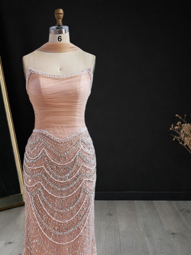 Champagne Pearl Beaded Evening Gown with Draped Crystal Detailing SL175