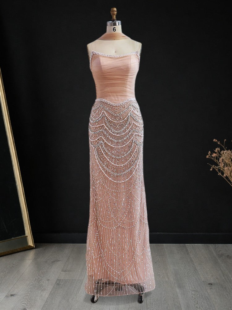 Champagne Pearl Beaded Evening Gown with Draped Crystal Detailing SL175