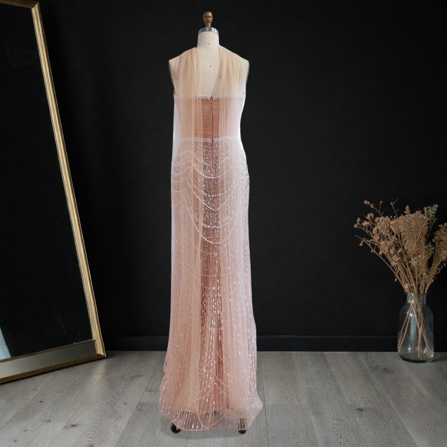 Champagne Pearl Beaded Evening Gown with Draped Crystal Detailing SL175