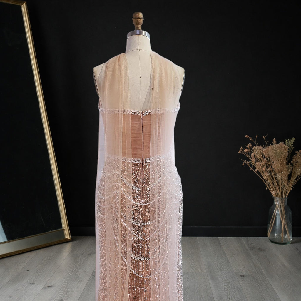 Champagne Pearl Beaded Evening Gown with Draped Crystal Detailing SL175