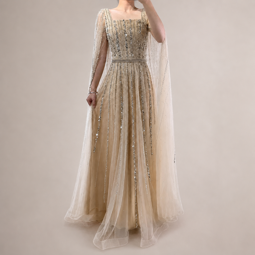 Champagne Sparkle Beaded Tulle Evening Gown with Cape Sleeves SL135