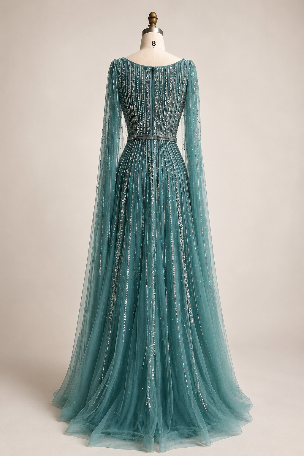 Champagne Sparkle Beaded Tulle Evening Gown with Cape Sleeves SL135