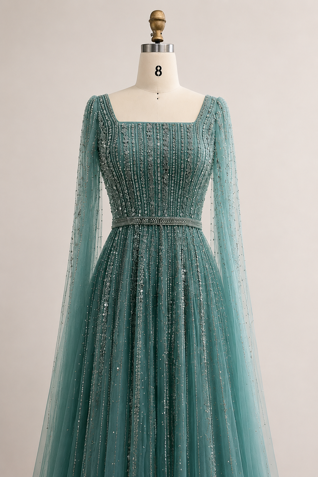 Champagne Sparkle Beaded Tulle Evening Gown with Cape Sleeves SL135