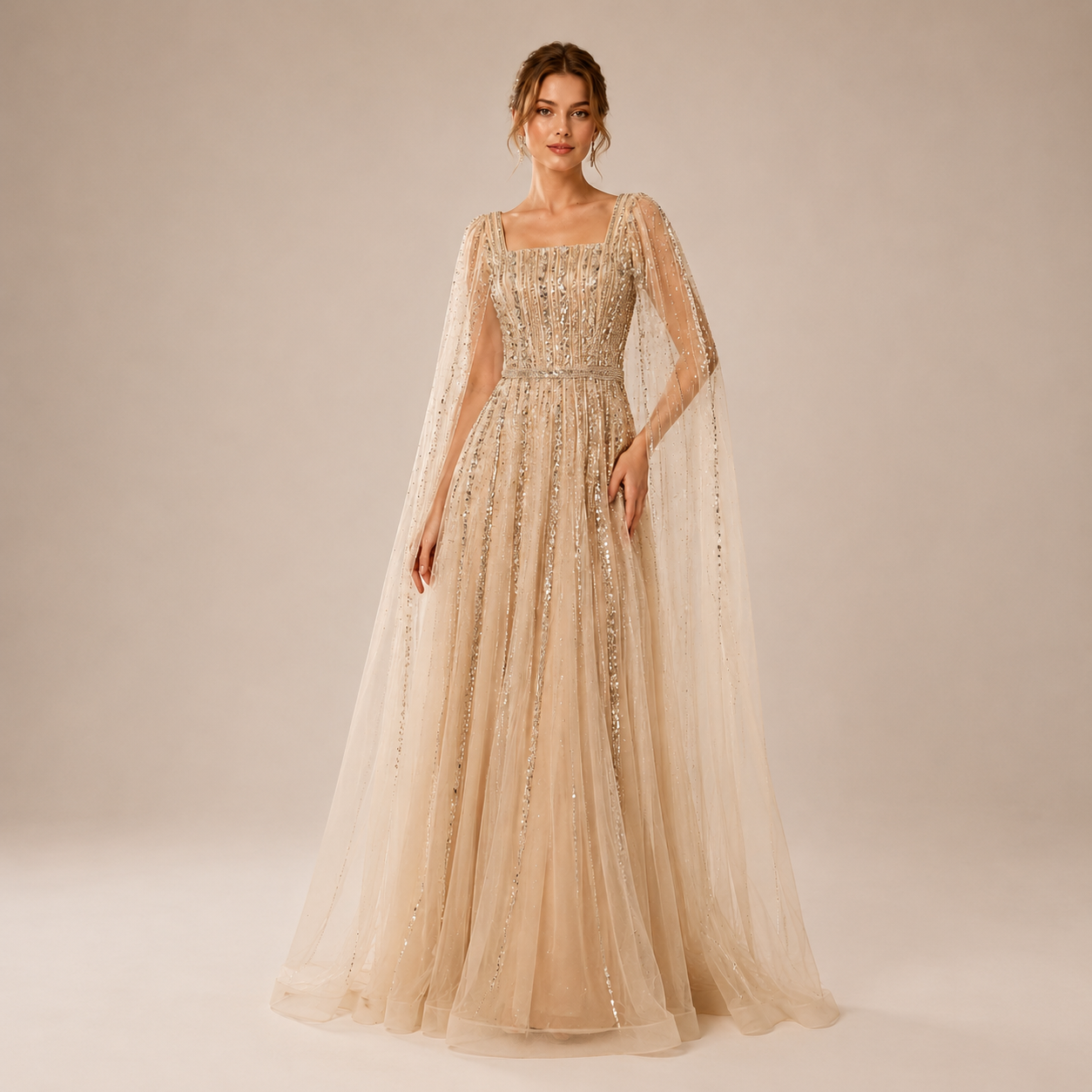 Champagne Sparkle Beaded Tulle Evening Gown with Cape Sleeves SL135