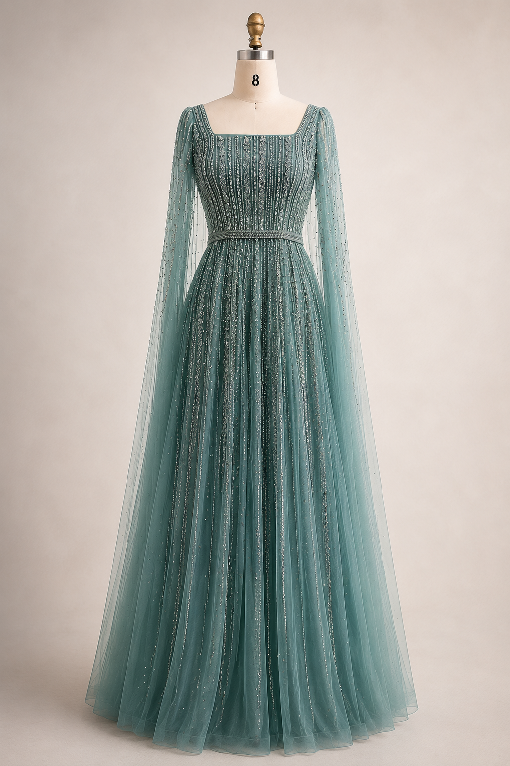 Champagne Sparkle Beaded Tulle Evening Gown with Cape Sleeves SL135