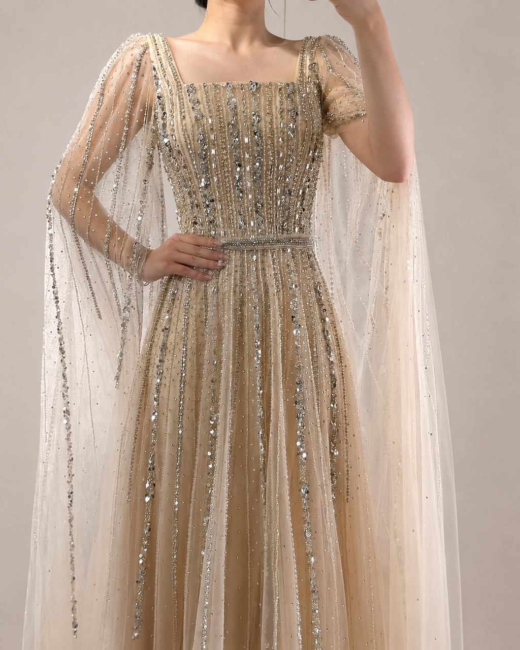 Champagne Sparkle Beaded Tulle Evening Gown with Cape Sleeves SL135