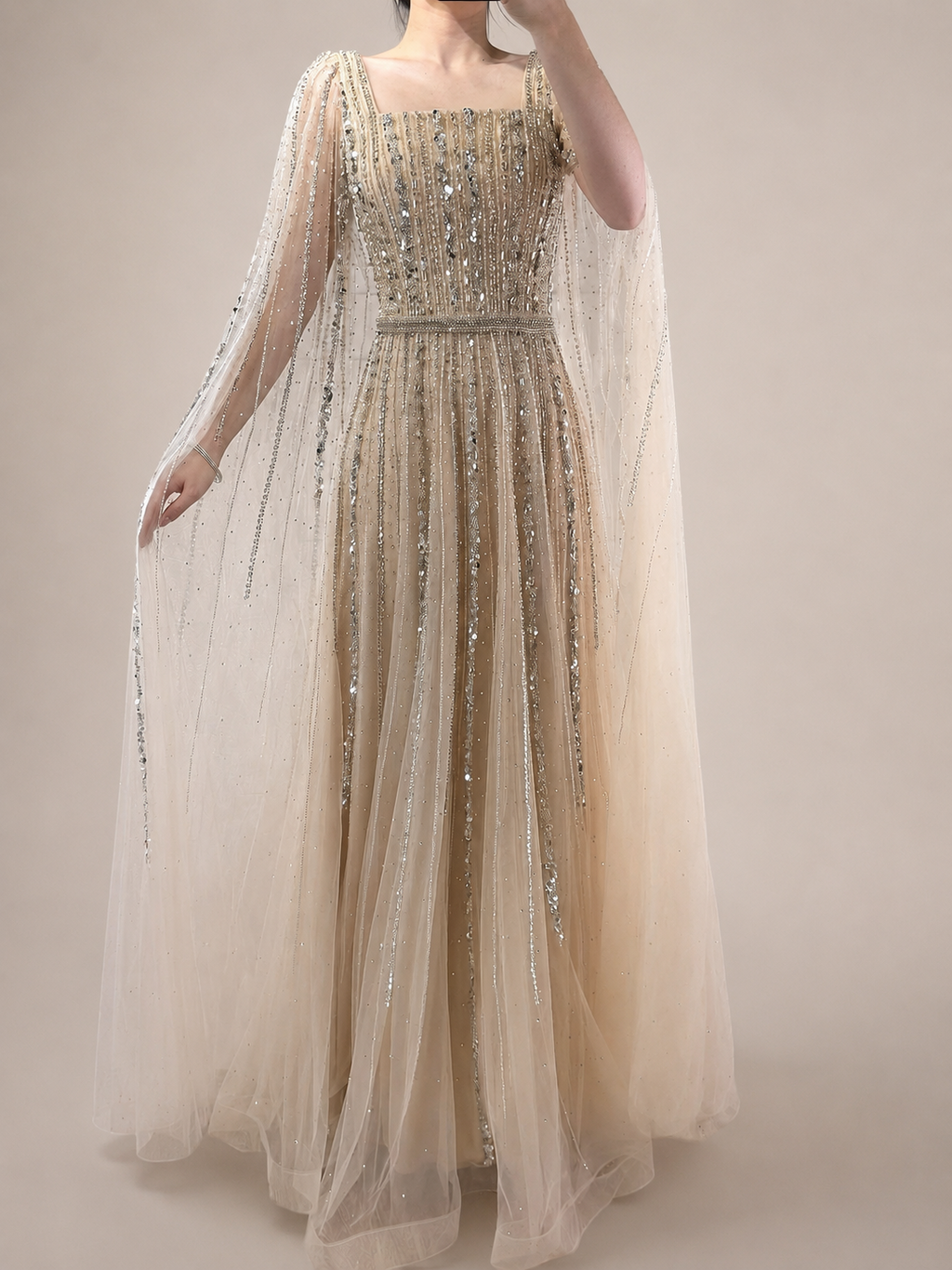 Champagne Sparkle Beaded Tulle Evening Gown with Cape Sleeves SL135