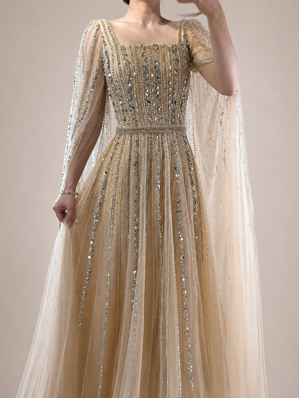 Champagne Sparkle Beaded Tulle Evening Gown with Cape Sleeves SL135