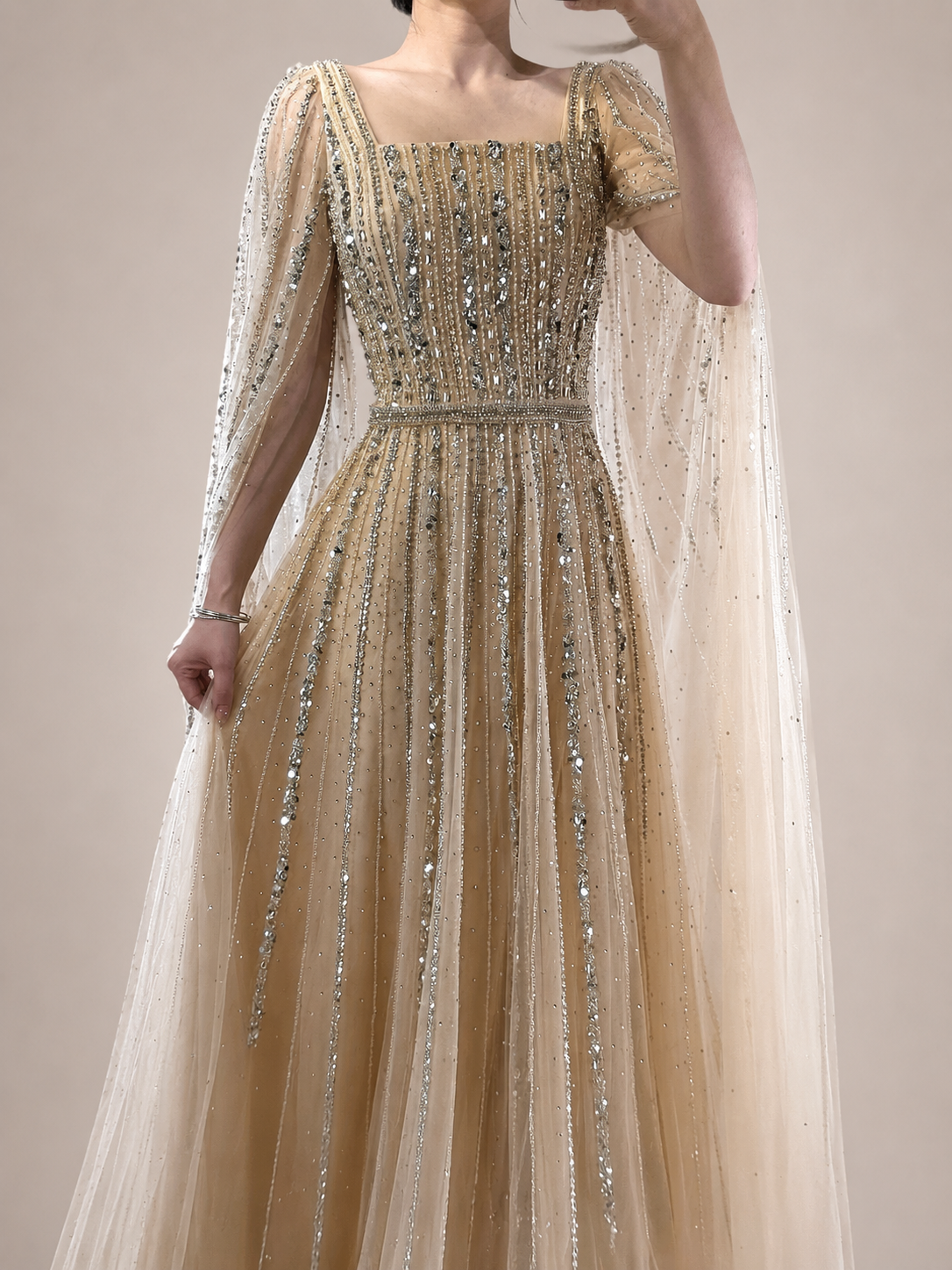 Champagne Sparkle Beaded Tulle Evening Gown with Cape Sleeves SL135