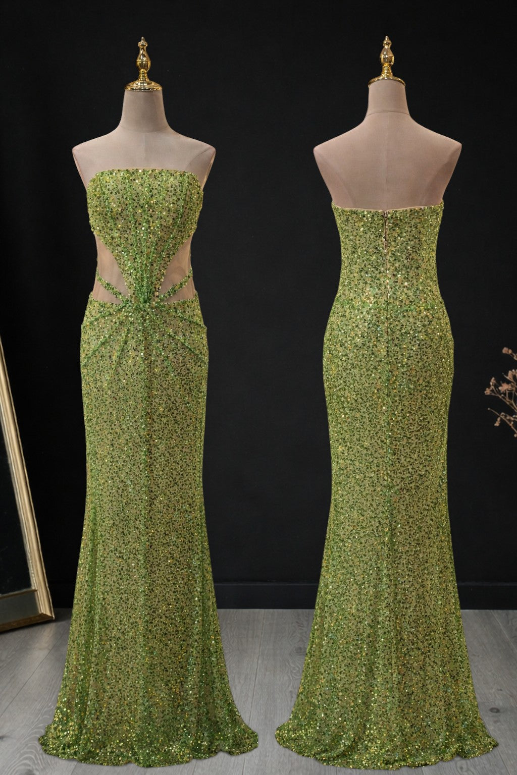 Green Sequin Strapless Backless Sheath Evening Dress SML001