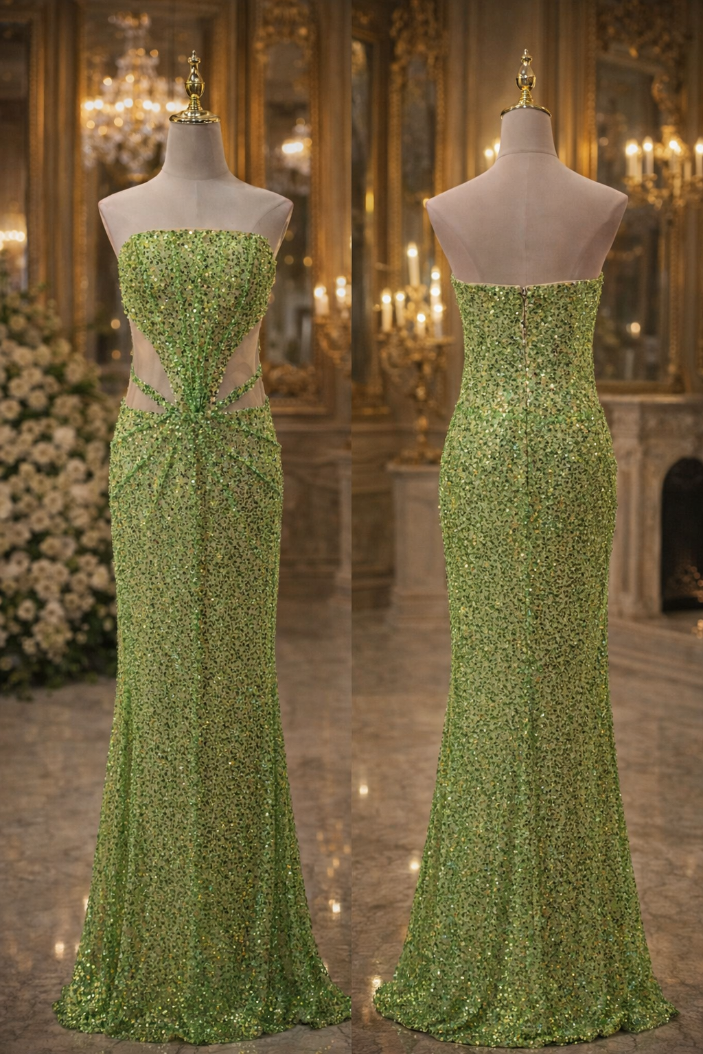 Green Sequin Strapless Backless Sheath Evening Dress SML001