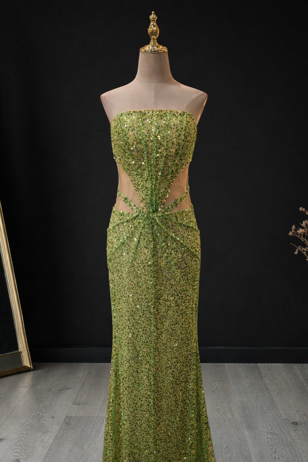 Green Sequin Strapless Backless Sheath Evening Dress SML001