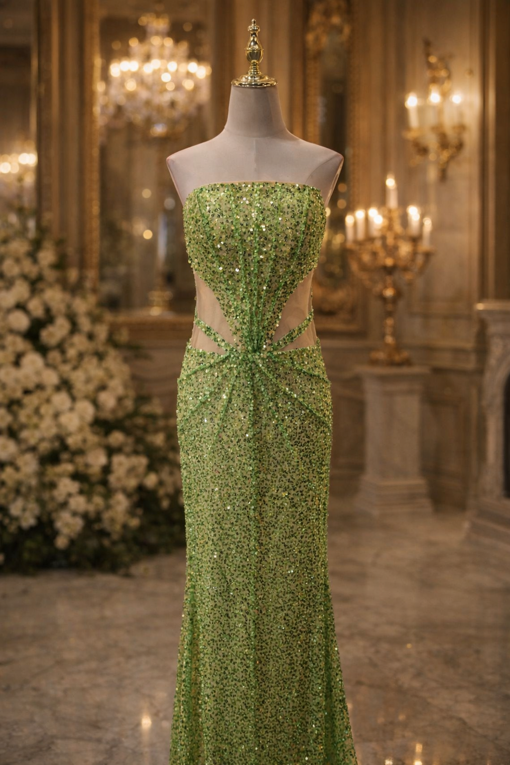 Green Sequin Strapless Backless Sheath Evening Dress SML001