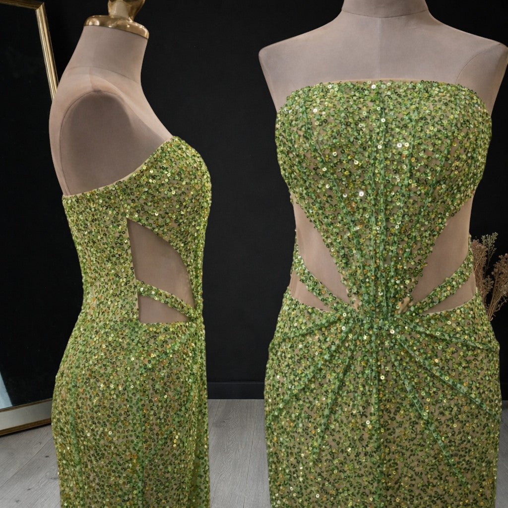 Green Sequin Strapless Backless Sheath Evening Dress SML001