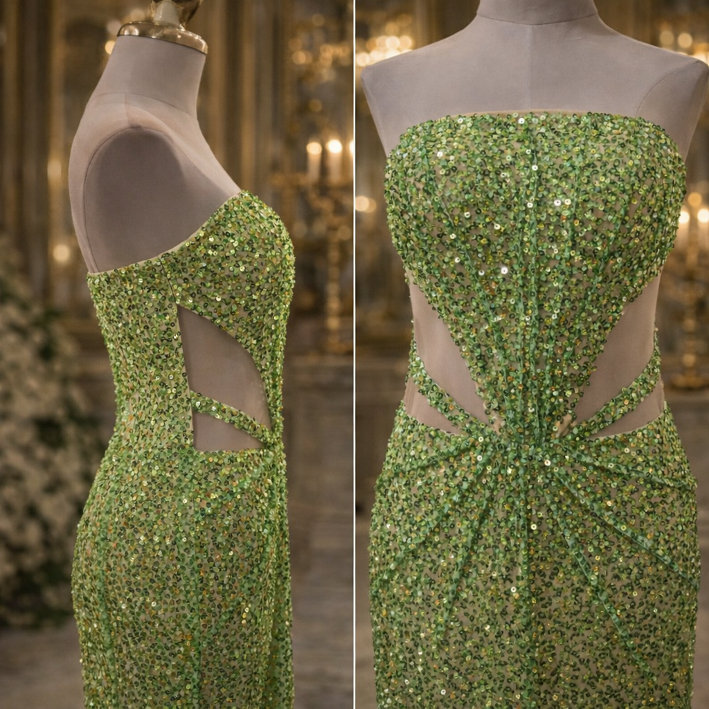 Green Sequin Strapless Backless Sheath Evening Dress SML001