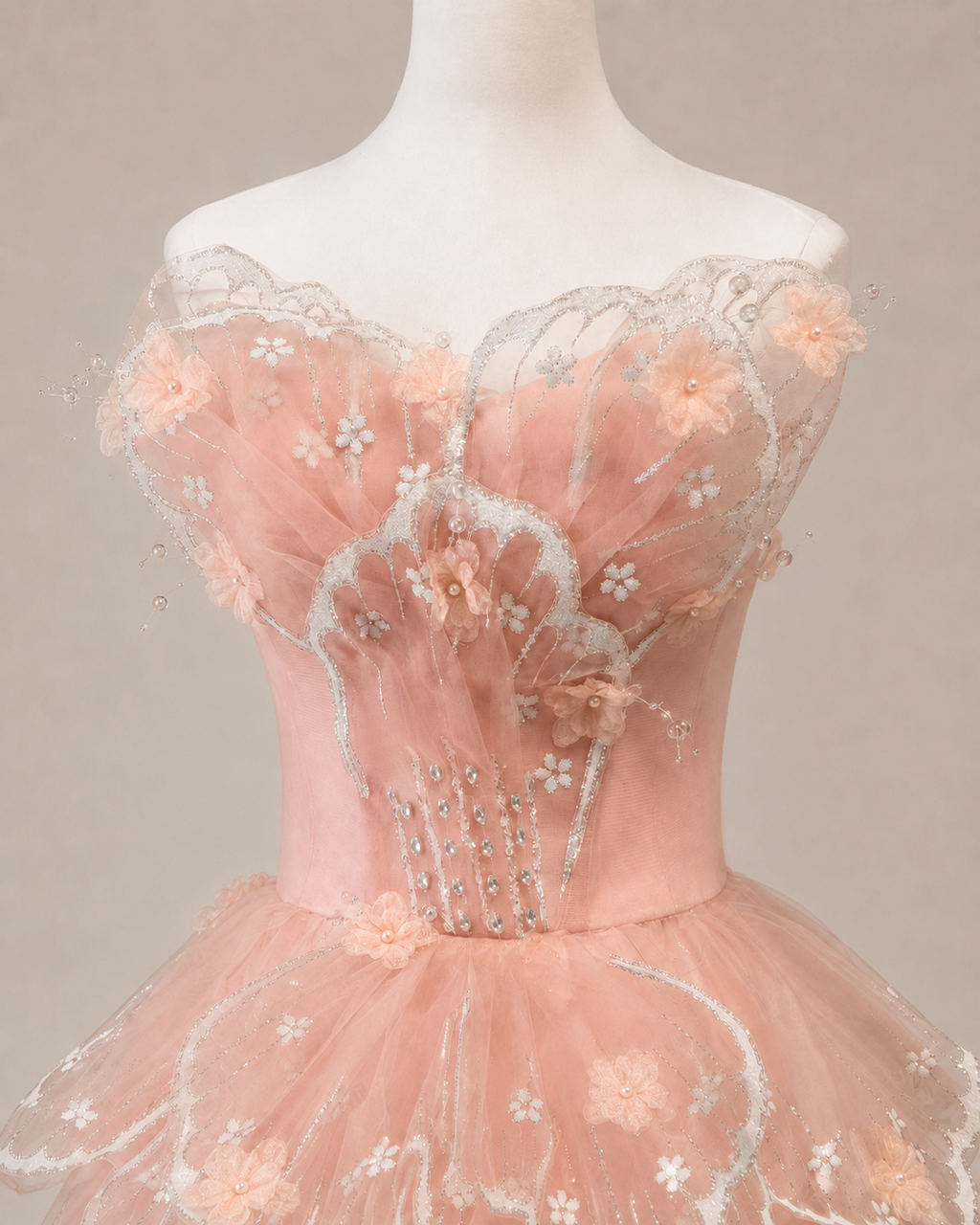 Luxury Blush Pink 3D Floral Layered Tulle with Detachable Sleeves Evening Dress YL146