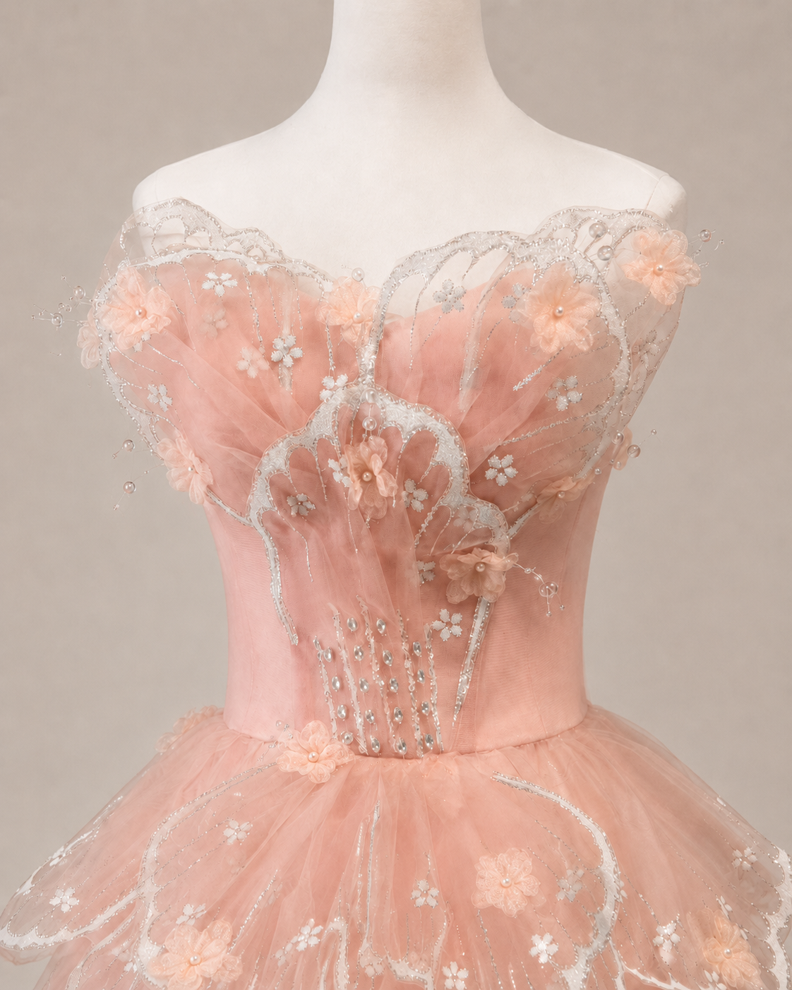 Luxury Blush Pink 3D Floral Layered Tulle with Detachable Sleeves Evening Dress YL146