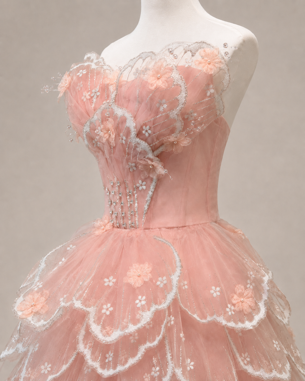 Luxury Blush Pink 3D Floral Layered Tulle with Detachable Sleeves Evening Dress YL146