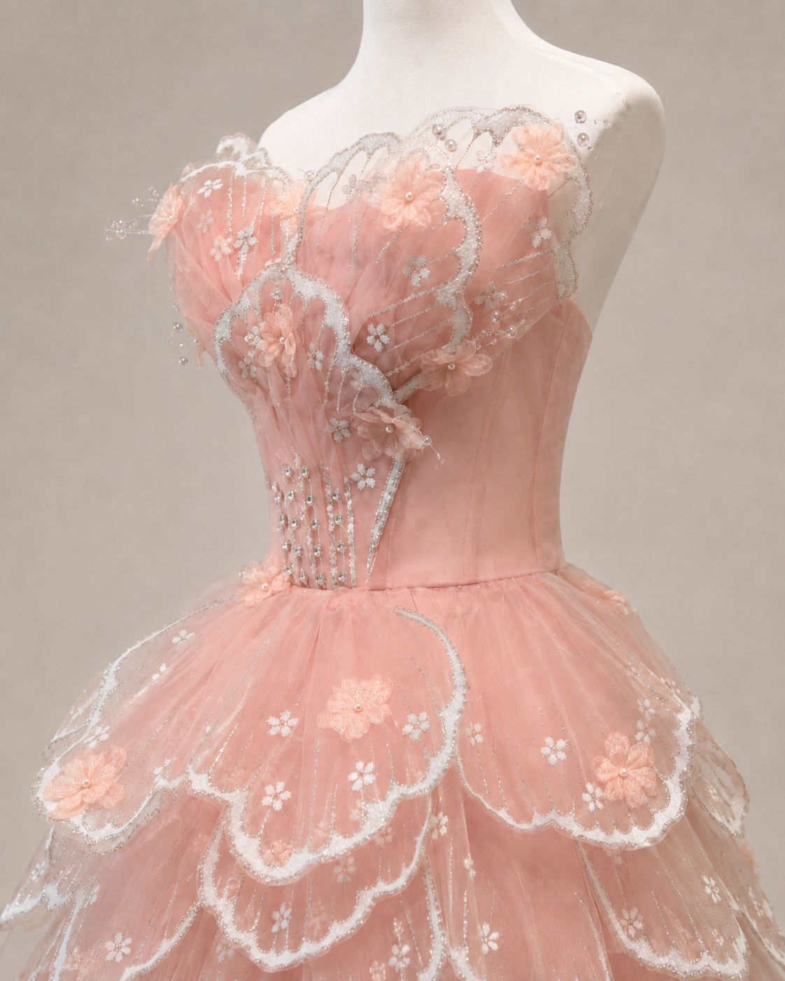 Luxury Blush Pink 3D Floral Layered Tulle with Detachable Sleeves Evening Dress YL146