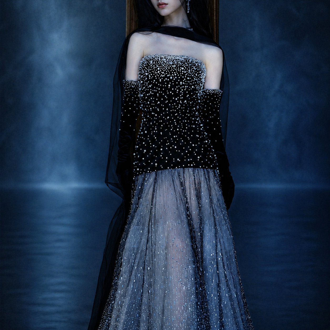 Luxury Black Pearl Embellished Midnight Princess Evening Dress YJ122