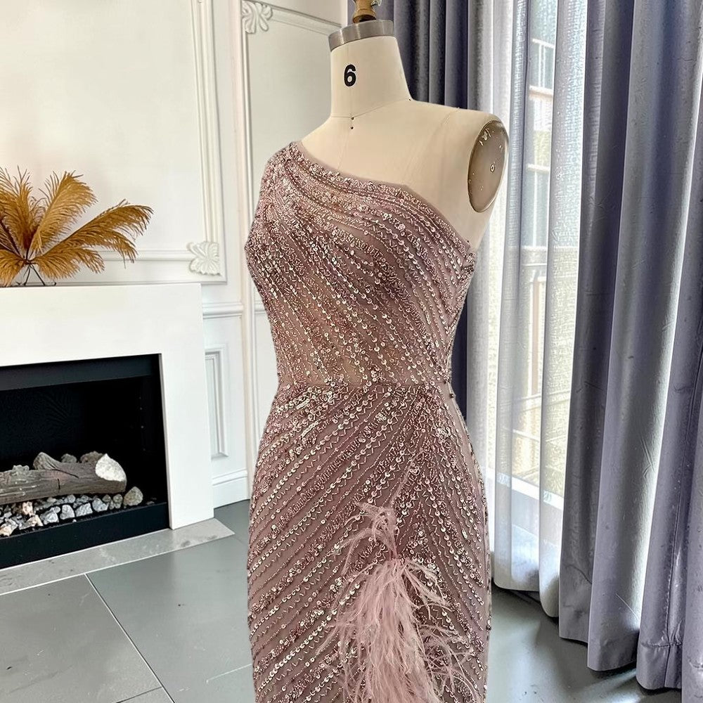 Dusty Blush One-Shoulder Beaded Evening Gown with Feather Slit Detail SL184