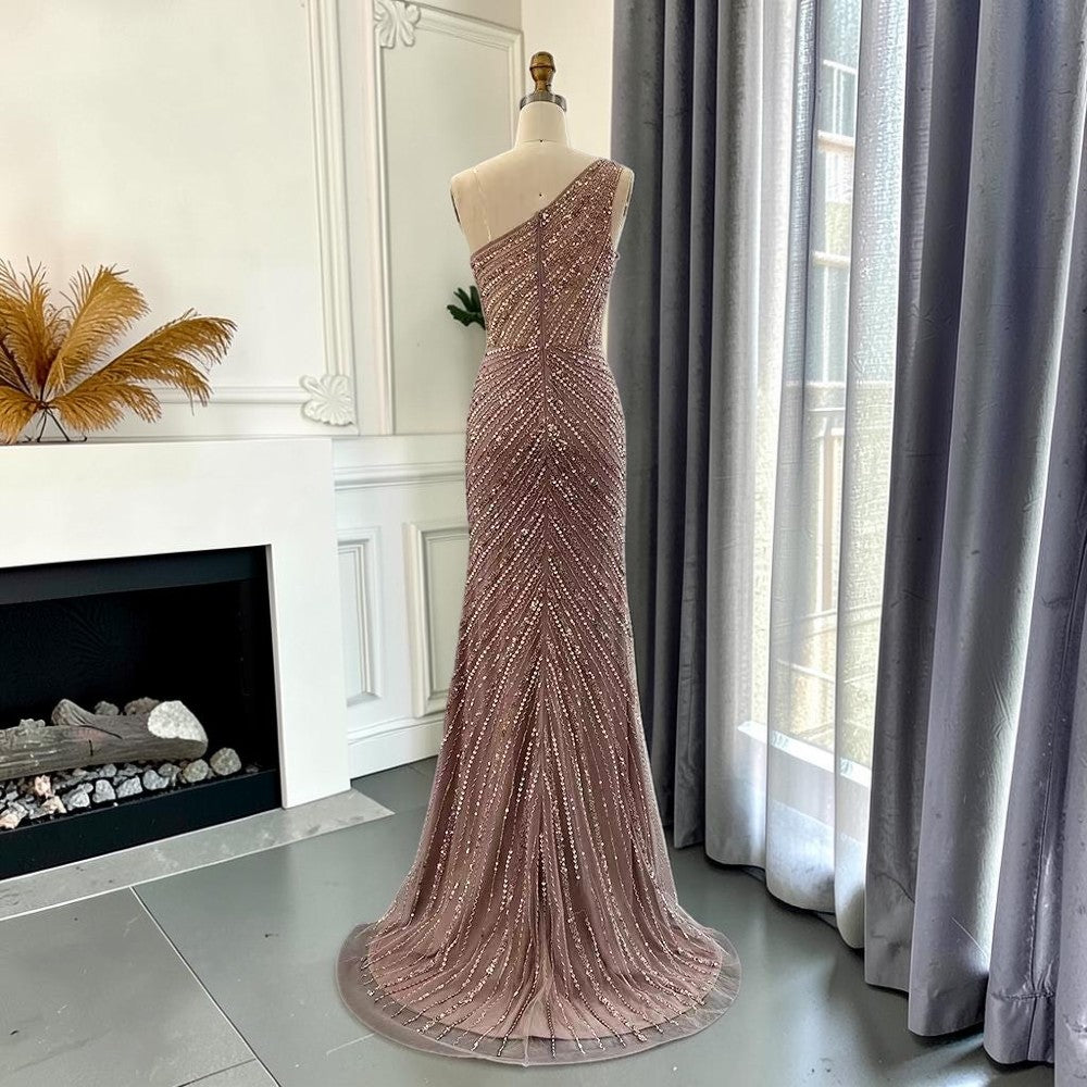 Dusty Blush One-Shoulder Beaded Evening Gown with Feather Slit Detail SL184