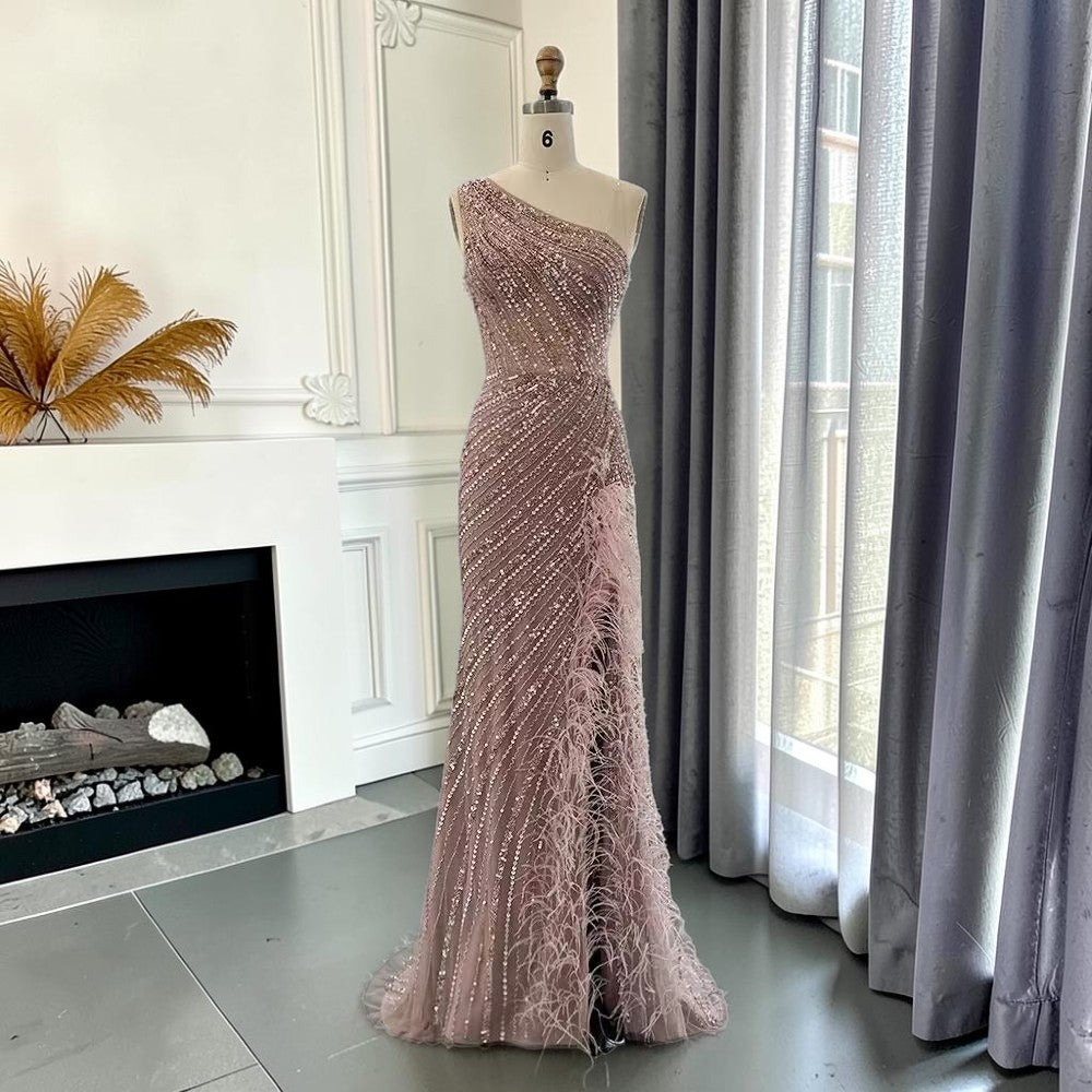 Dusty Blush One-Shoulder Beaded Evening Gown with Feather Slit Detail SL184
