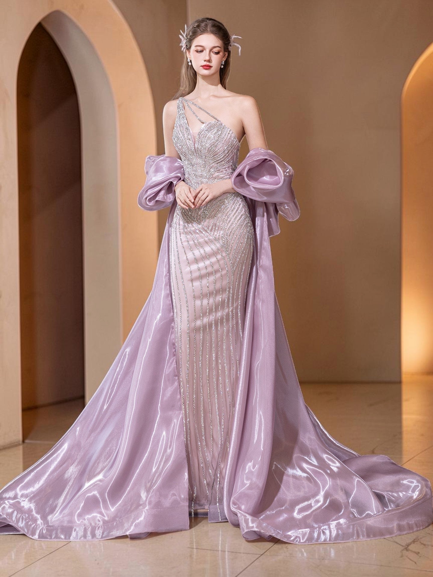 Dusty Lilac One-Shoulder Crystal Evening Gown with Oversized Satin Wrap SL183
