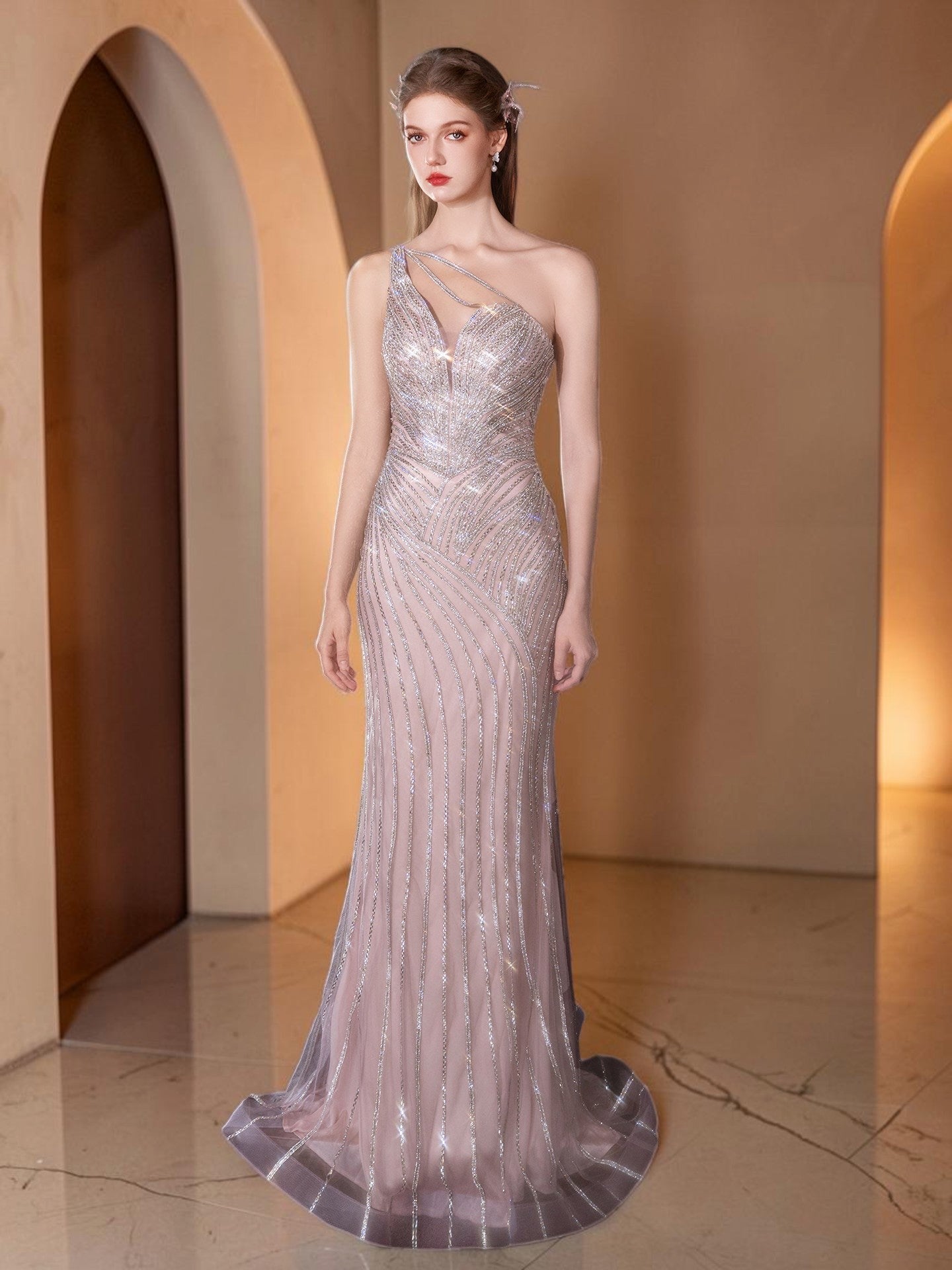 Dusty Lilac One-Shoulder Crystal Evening Gown with Oversized Satin Wrap SL183