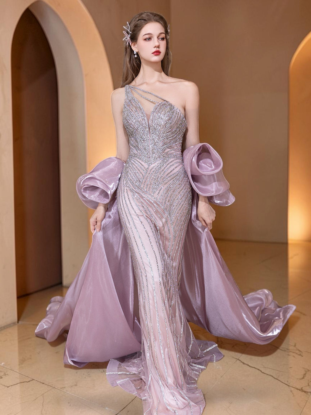 Dusty Lilac One-Shoulder Crystal Evening Gown with Oversized Satin Wrap SL183