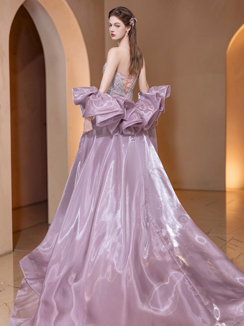 Dusty Lilac One-Shoulder Crystal Evening Gown with Oversized Satin Wrap SL183