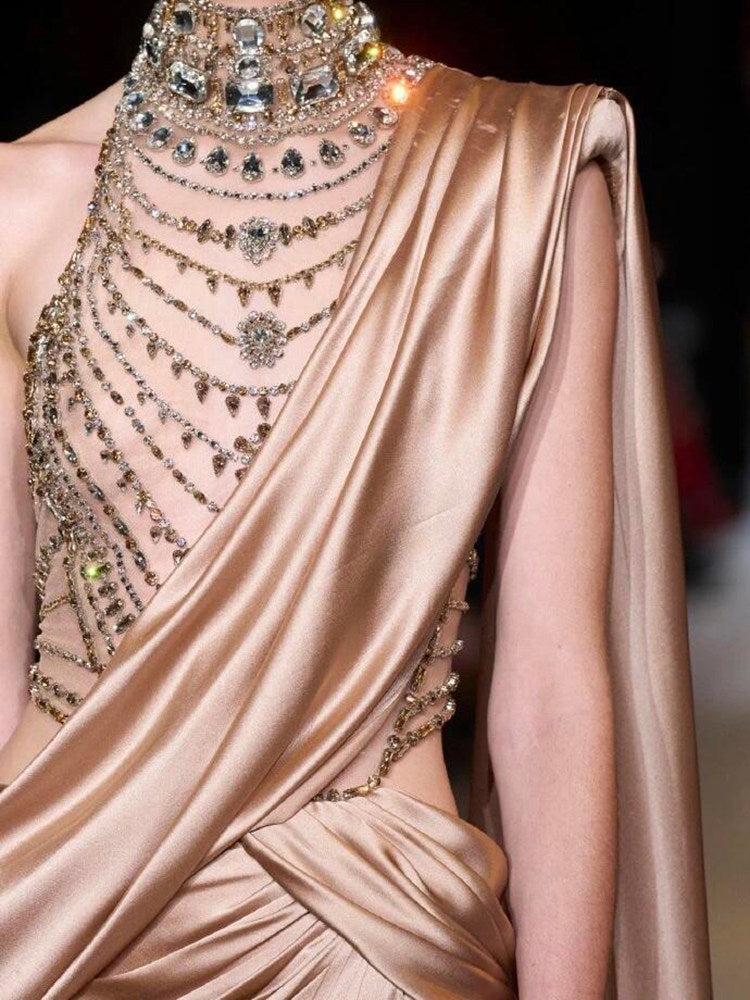 Elegant Champagne Beaded Neckline Evening Dress with Cape SL144