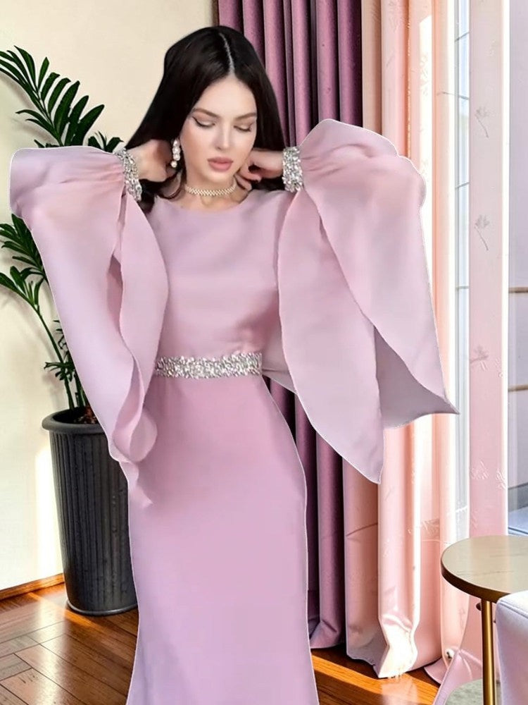 Elegant Dusty Pink Evening Gown with Cape Sleeves SL204