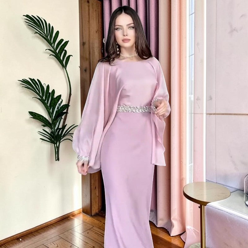 Elegant Dusty Pink Evening Gown with Cape Sleeves SL204