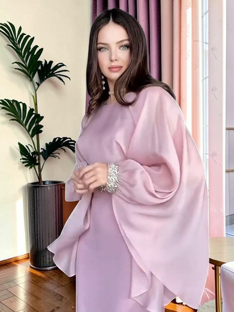 Elegant Dusty Pink Evening Gown with Cape Sleeves SL204